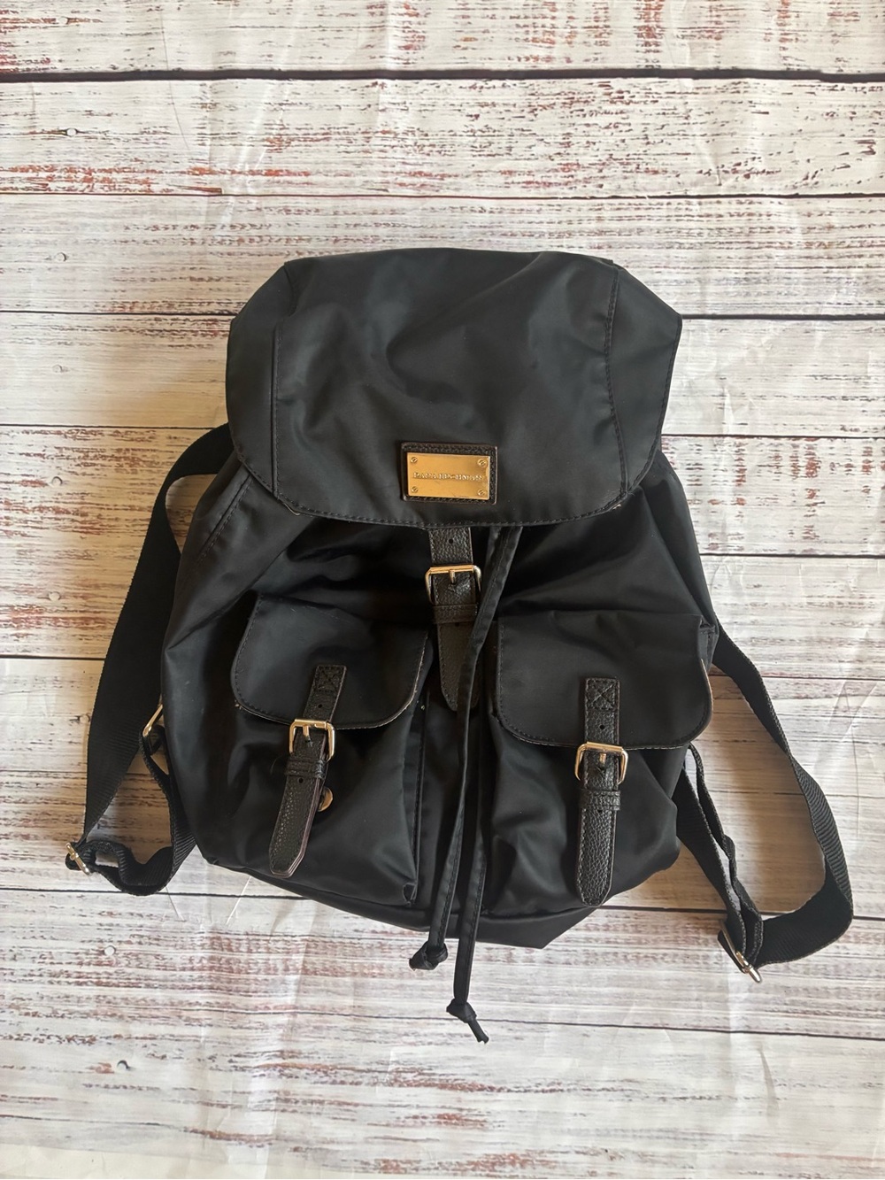 Dana Buchman Black Nylon Backpack with Front Buckle Pockets